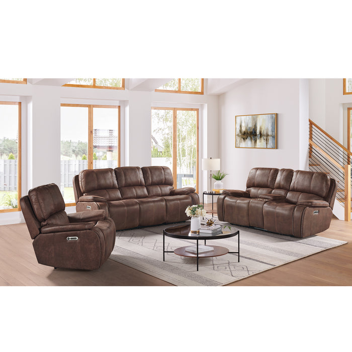 Atlantis Power Motion Loveseat with Power Motion Head Recliner & Console in Heritage Brown - Eclectic 79 Furniture Store