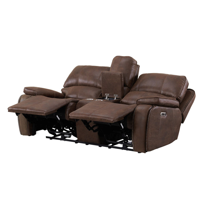 Atlantis Power Motion Loveseat with Power Motion Head Recliner & Console in Heritage Brown - Eclectic 79 Furniture Store