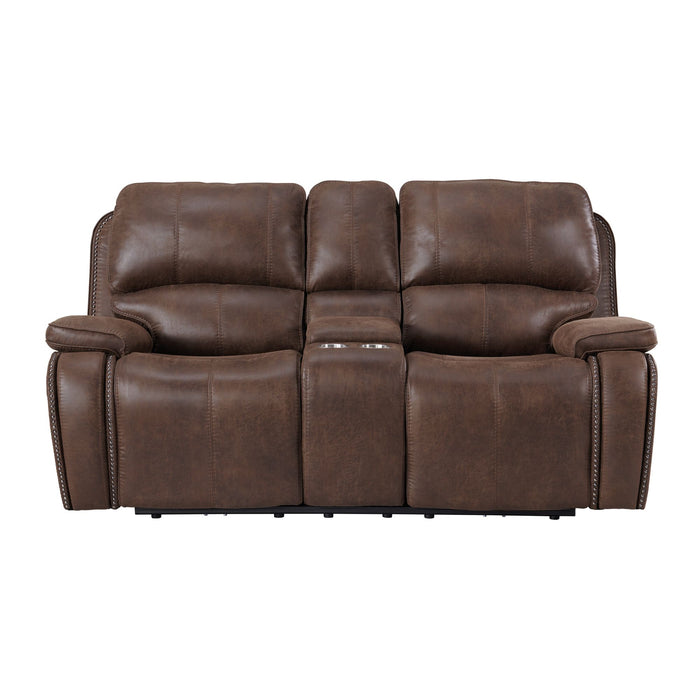 Atlantis Power Motion Loveseat with Power Motion Head Recliner & Console in Heritage Brown - Eclectic 79 Furniture Store