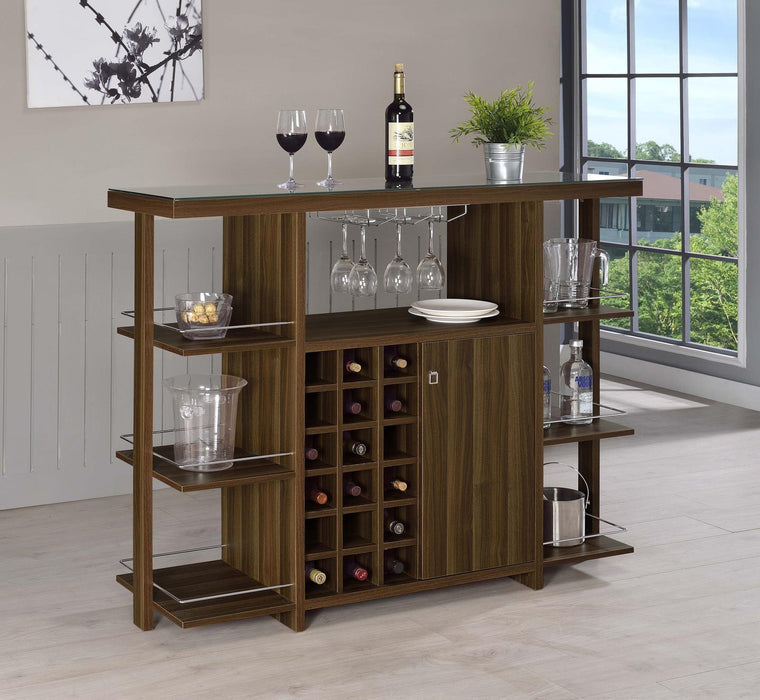 Modern Walnut Bar Unit With Wine Bottle Storage - Eclectic 79 Furniture Store