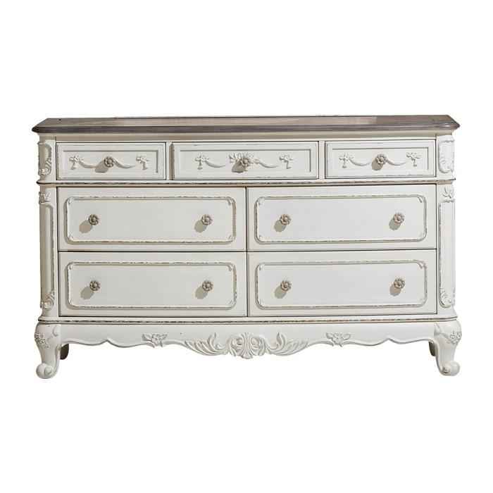 Cinderella 7 Drawer Dresser in Antique White with Grey Rub-Through