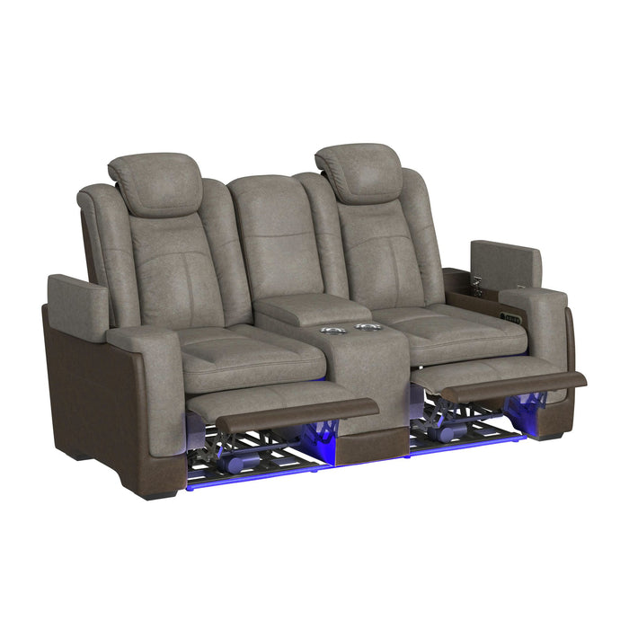 Lantana Power Motion Loveseat with Power Headrest, Led, and Console in Rocky Grey/Brown - Eclectic 79 Furniture Store
