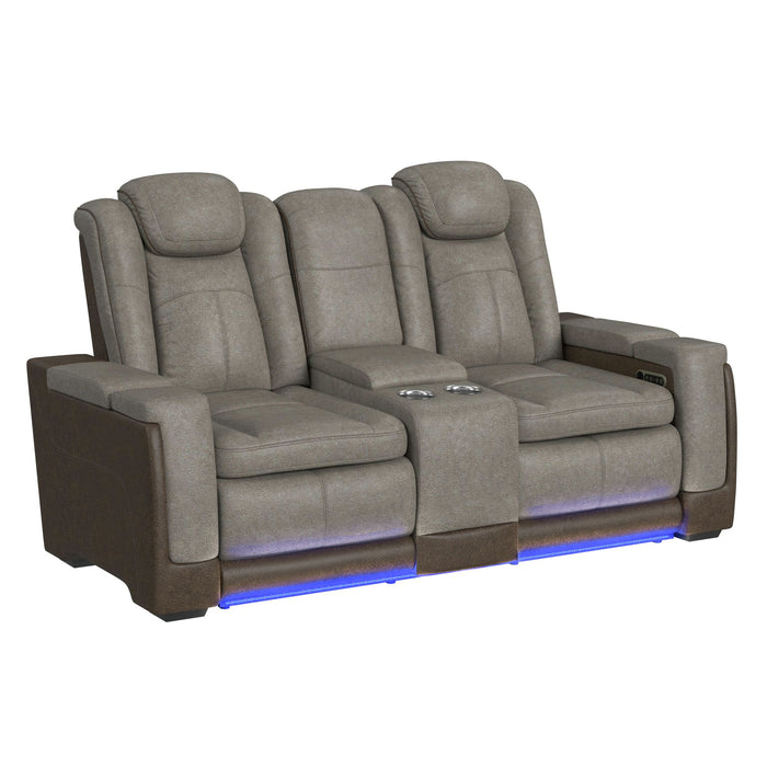 Lantana Power Motion Loveseat with Power Headrest, Led, and Console in Rocky Grey/Brown - Eclectic 79 Furniture Store