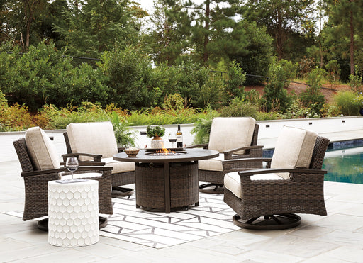 Paradise Trail Paradise Trail Fire Pit Table with 4 Nuvella Swivel Lounge Chairs - Eclectic 79 Furniture Store