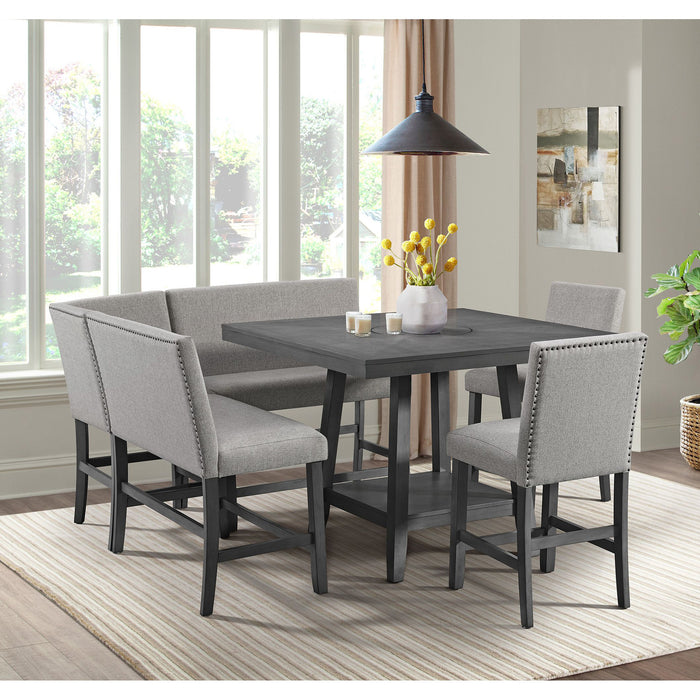Seneca Counter Bench with Upholstered Back and Grey Fabric