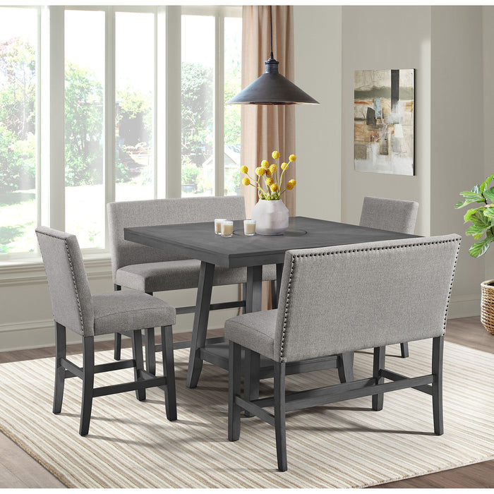 Seneca Counter Bench with Upholstered Back and Grey Fabric