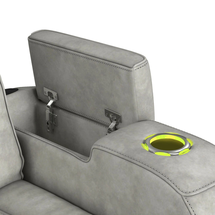 Prime Time P3 Sofa with DDT, 3.0 Table, 7 Colors (LED and Cup Holders), Reading Light, Vibration, speaker, and Heat Massage in Leather Gel Light Grey
