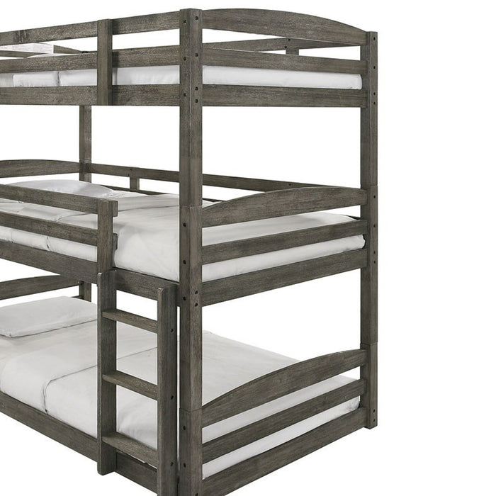 Elements International Trey Twin Over Twin Over Twin Bunk Bed in Wire Brushed Grey
